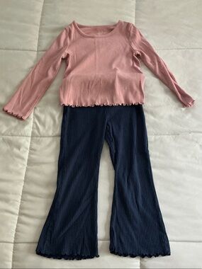 jumping beans Pink Top and Navy Ribbed Flare Pants Kids Matching Set